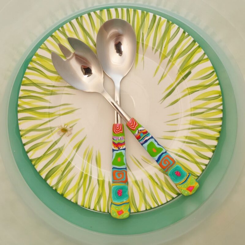 Salatbesteck Löffelstil Besteck, fröhlich, Handarbeit, Käsemesser Bunter Griff, Kunsthandwerk, Löffelstil, Polymer clay, Unikat