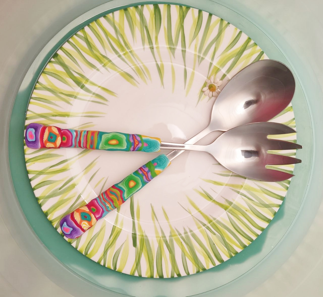 Salatbesteck Löffelstil Besteck, fröhlich, Handarbeit, Käsemesser Bunter Griff, Kunsthandwerk, Löffelstil, Polymer clay, Unikat