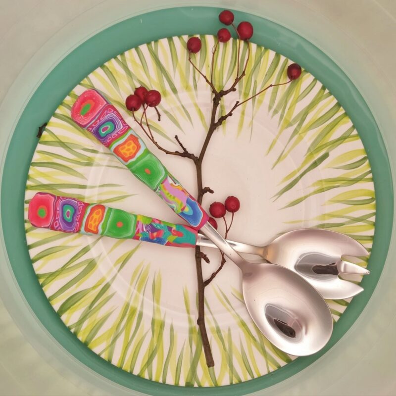 Salatbesteck Löffelstil Besteck, fröhlich, Handarbeit, Käsemesser Bunter Griff, Kunsthandwerk, Löffelstil, Polymer clay, Unikat