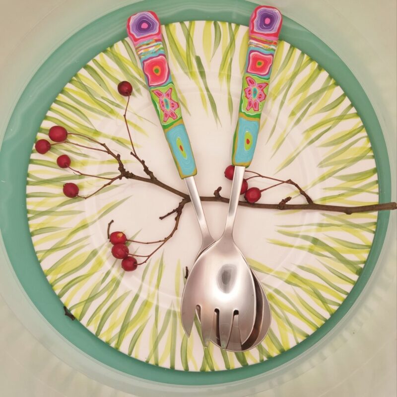 Salatbesteck Löffelstil Besteck, fröhlich, Handarbeit, Käsemesser Bunter Griff, Kunsthandwerk, Löffelstil, Polymer clay, Unikat