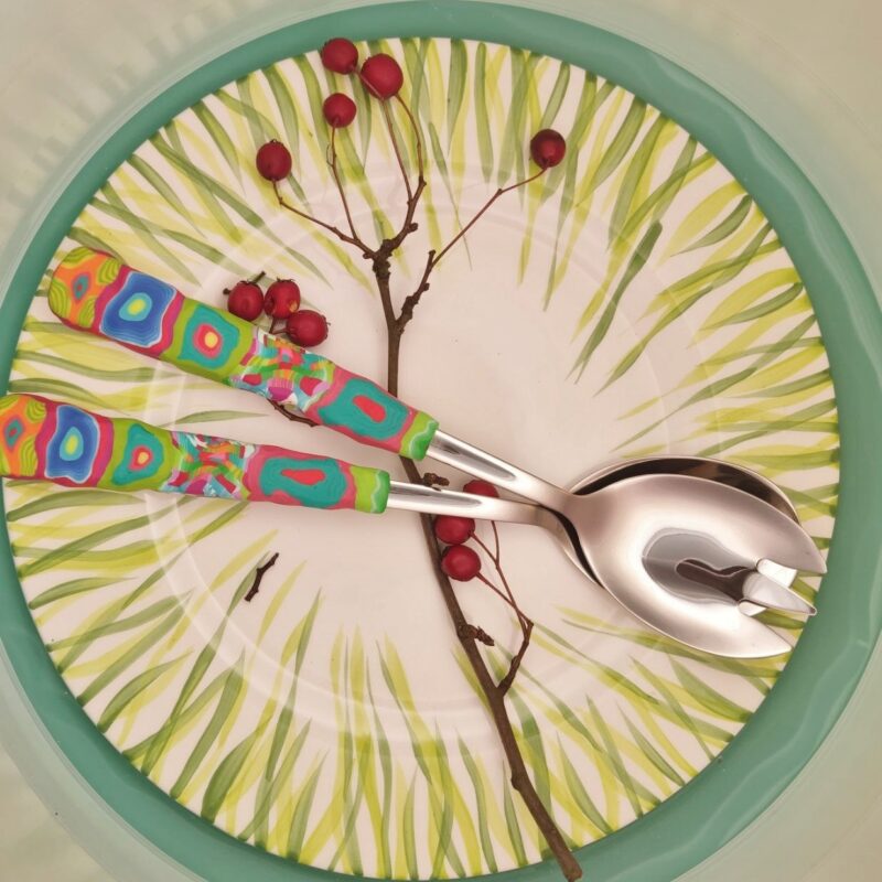 Salatbesteck Löffelstil Besteck, fröhlich, Handarbeit, Käsemesser Bunter Griff, Kunsthandwerk, Löffelstil, Polymer clay, Unikat