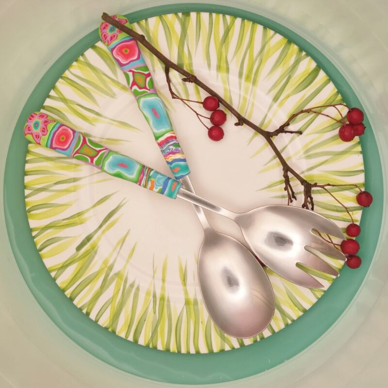 Salatbesteck Löffelstil Besteck, fröhlich, Handarbeit, Käsemesser Bunter Griff, Kunsthandwerk, Löffelstil, Polymer clay, Unikat