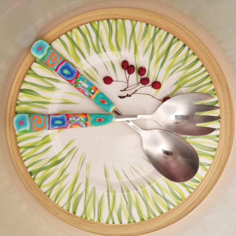Salatbesteck Löffelstil Besteck, fröhlich, Handarbeit, Käsemesser Bunter Griff, Kunsthandwerk, Löffelstil, Polymer clay, Unikat
