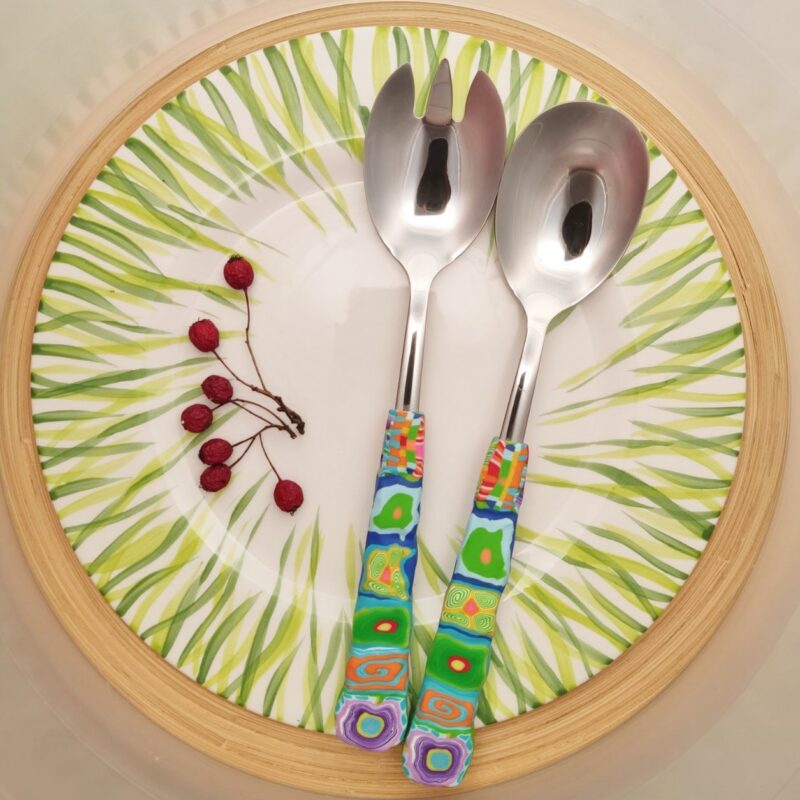 Salatbesteck Löffelstil Besteck, fröhlich, Handarbeit, Käsemesser Bunter Griff, Kunsthandwerk, Löffelstil, Polymer clay, Unikat