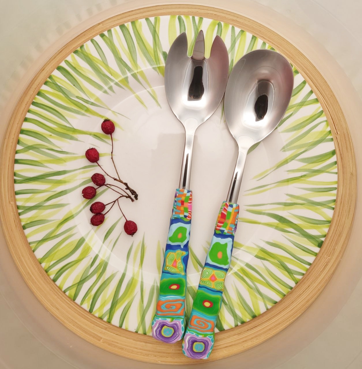 Salatbesteck Löffelstil Besteck, fröhlich, Handarbeit, Käsemesser Bunter Griff, Kunsthandwerk, Löffelstil, Polymer clay, Unikat
