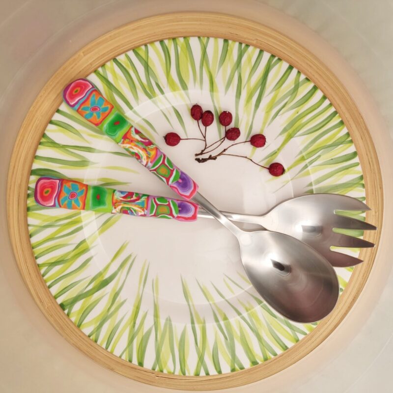 Salatbesteck Löffelstil Besteck, fröhlich, Handarbeit, Käsemesser Bunter Griff, Kunsthandwerk, Löffelstil, Polymer clay, Unikat