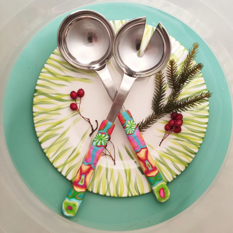 Salatbesteck Löffelstil Besteck, fröhlich, Handarbeit, Käsemesser Bunter Griff, Kunsthandwerk, Löffelstil, Polymer clay, Unikat
