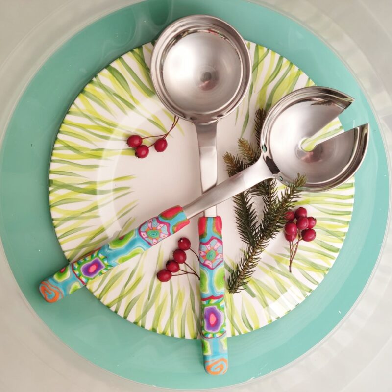 Salatbesteck Löffelstil Besteck, fröhlich, Handarbeit, Käsemesser Bunter Griff, Kunsthandwerk, Löffelstil, Polymer clay, Unikat