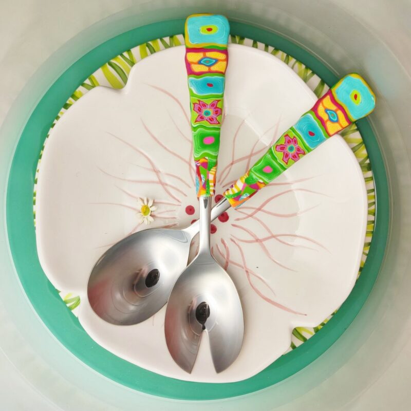 Salatbesteck Löffelstil Besteck, fröhlich, Handarbeit, Käsemesser Bunter Griff, Kunsthandwerk, Löffelstil, Polymer clay, Unikat
