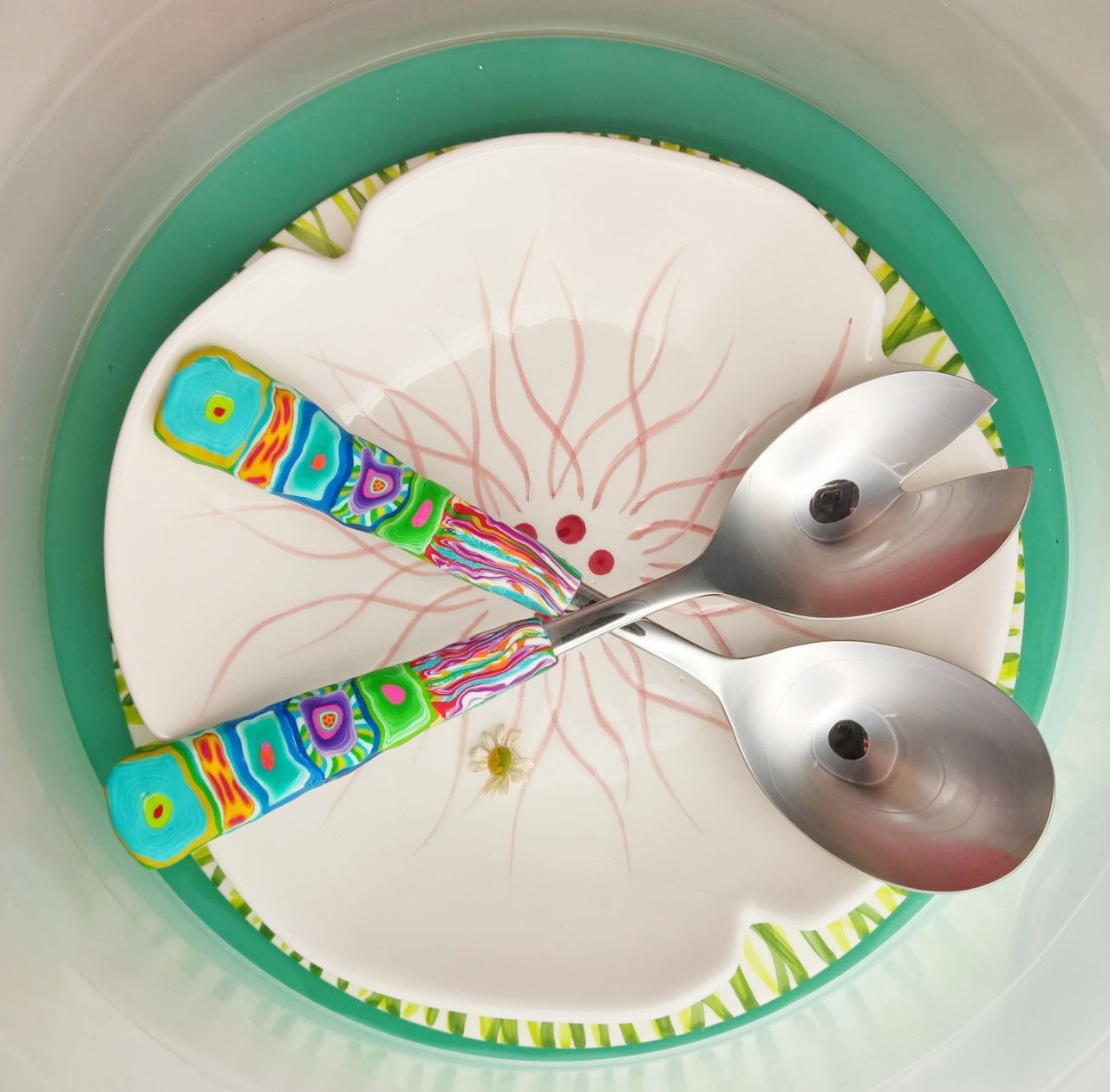 Salatbesteck Löffelstil Besteck, fröhlich, Handarbeit, Käsemesser Bunter Griff, Kunsthandwerk, Löffelstil, Polymer clay, Unikat