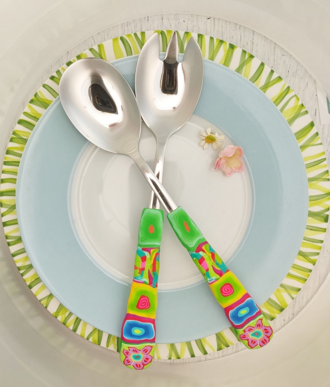 Salatbesteck Löffelstil Besteck, fröhlich, Handarbeit, Käsemesser Bunter Griff, Kunsthandwerk, Löffelstil, Polymer clay, Unikat