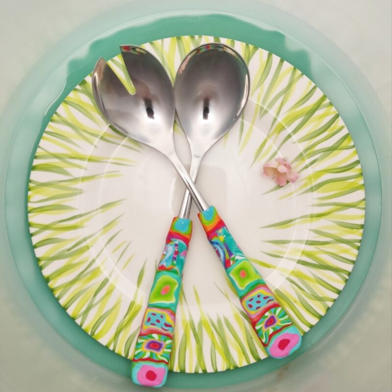 Salatbesteck Löffelstil Besteck, fröhlich, Handarbeit, Käsemesser Bunter Griff, Kunsthandwerk, Löffelstil, Polymer clay, Unikat