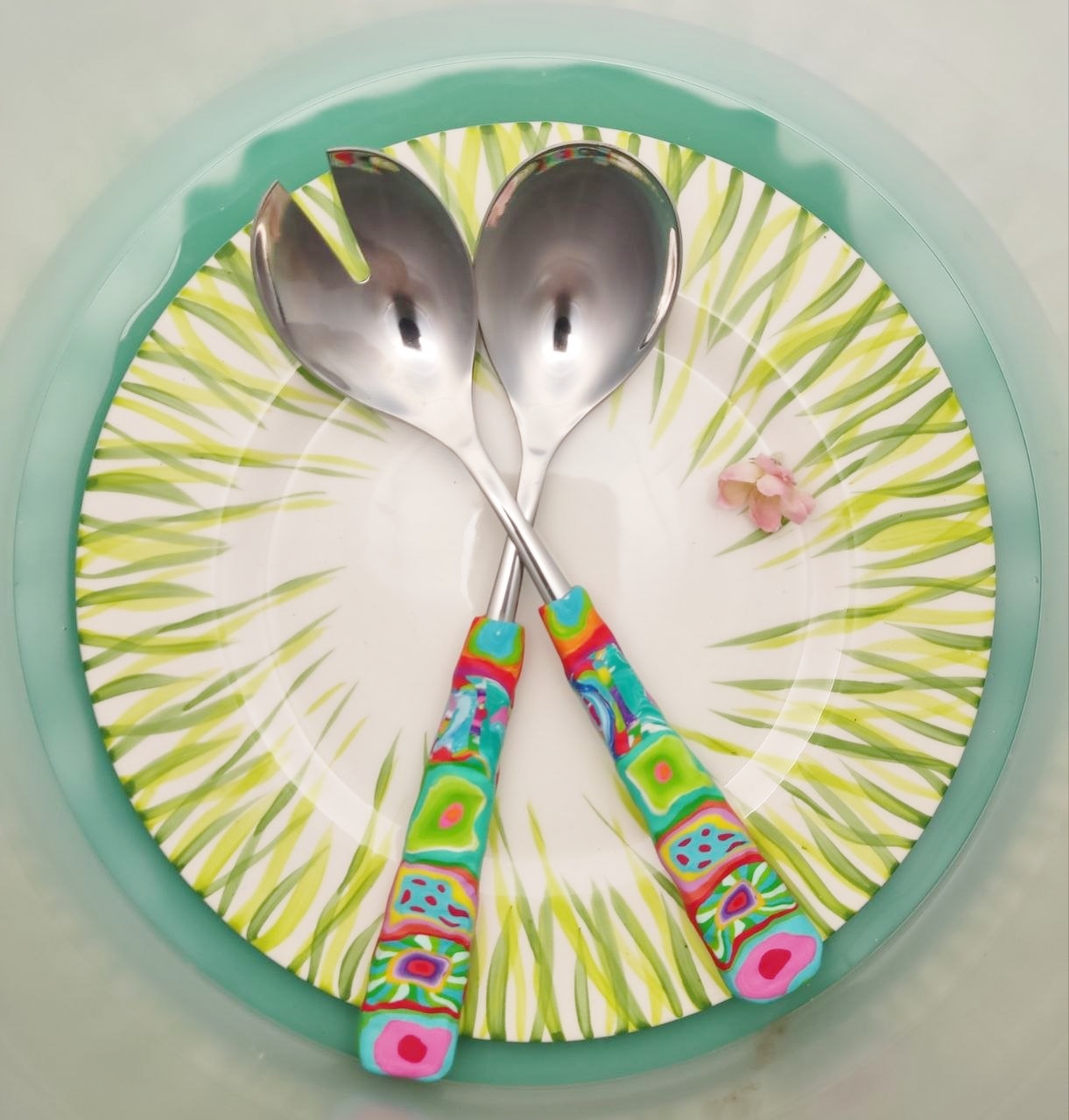 Salatbesteck Löffelstil Besteck, fröhlich, Handarbeit, Käsemesser Bunter Griff, Kunsthandwerk, Löffelstil, Polymer clay, Unikat